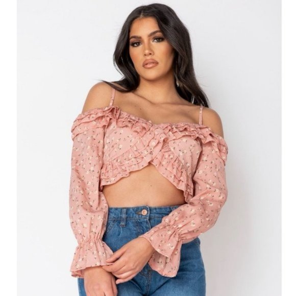 Tops - Pink Floral Print Long Sleeve Cold Shoulder Ruffle Crop Top
